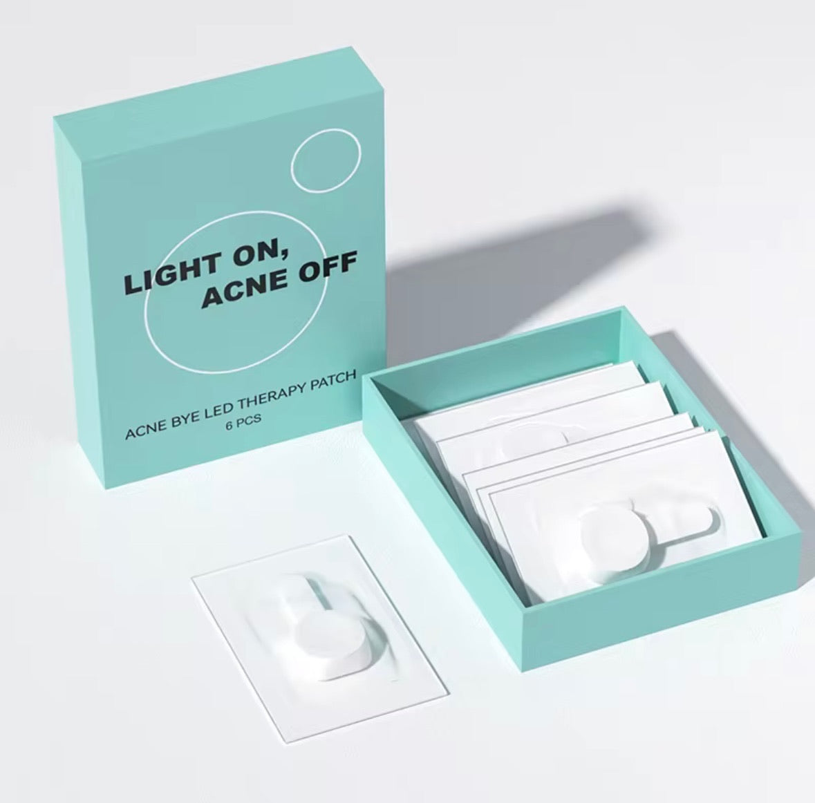 Acne Bye LED therapy patches in mint packaging, 6 pack