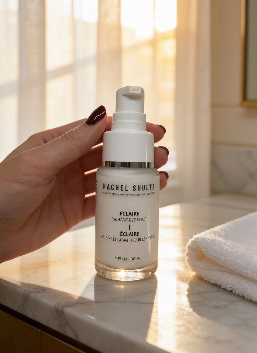 Hand holding a bottle of Éclaire Radiant Eye Elixir by Rachel Shultz in a sunlit bathroom