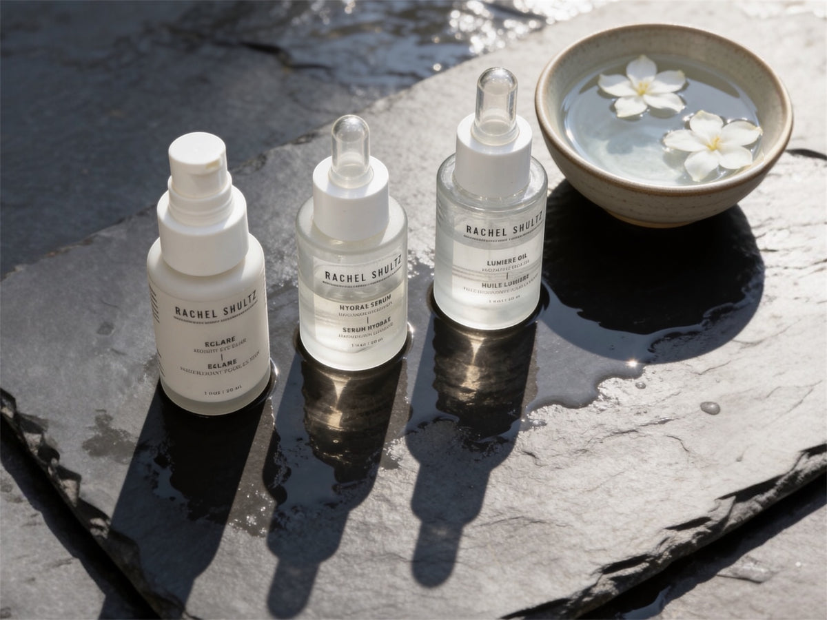 Rachel Shultz natural skincare set featuring hydrating serum and facial oil for radiant skin